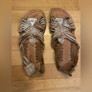 BED|STU Woven Huarache Distressed Leather Sandals in Metallic Tan